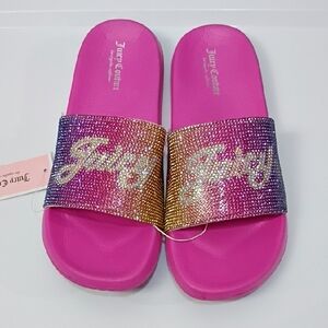 JUICY COUTURE GIRLS RHNESTONE HOT PINK JEWELED RAINBOW LOGO SLIDES SIZE 1 NWT